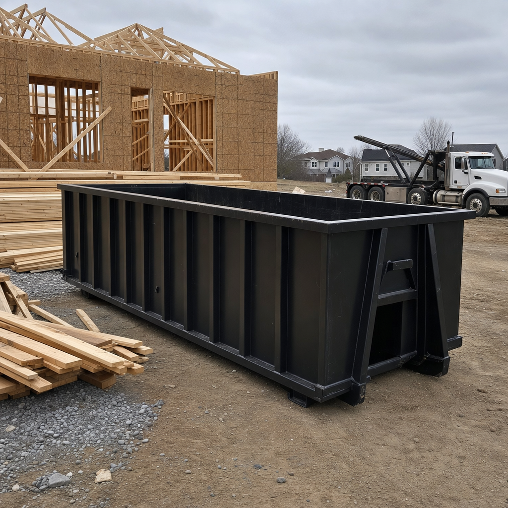 Matte-black 40-yard roll-off dumpster staged on a framed-out residential construction site in Paterson, framing lumber stacked nearby, hooklift delivery truck visible in the background under bright Colorado daylight