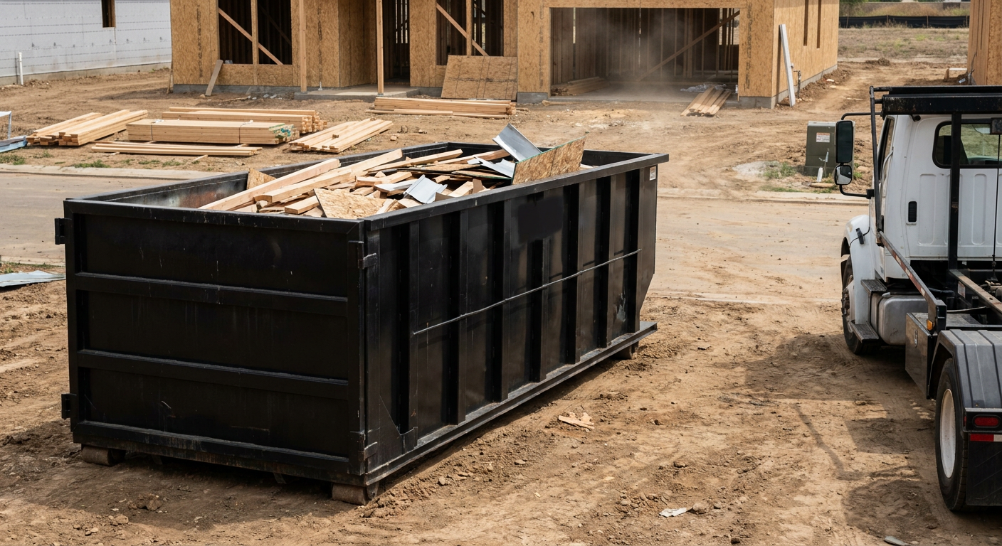 Matte-black 20-yard roll-off construction dumpster with heavy ribbed steel sidewalls and swing rear doors at a working jobsite in Paterson, sitting directly on compacted dirt with an unmarked white hauler partially visible at the far edge of the frame.