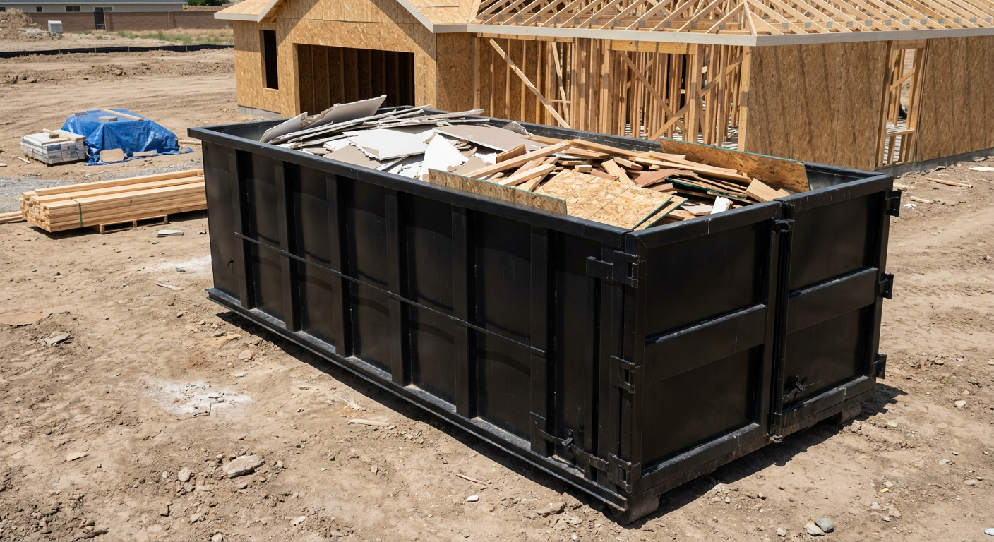 Matte-black 30-yard roll-off construction dumpster sitting directly on the compacted-dirt site of a framed single-family home build in Paterson, drywall and lumber scrap loaded inside.