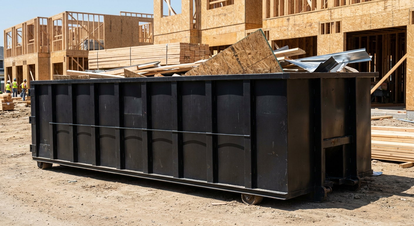 Matte-black 40-yard roll-off construction dumpster being lowered from a white-cab hooklift delivery truck onto the compacted-dirt jobsite at a commercial build site in Paterson
