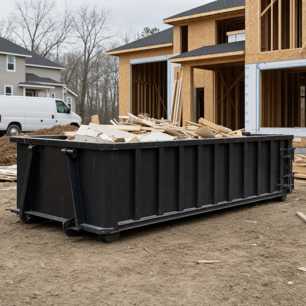 Worker in a yellow high-visibility vest tossing framing lumber and broken drywall into a matte-black 30-yard construction roll-off dumpster on an active build site in Paterson, bright daylight
