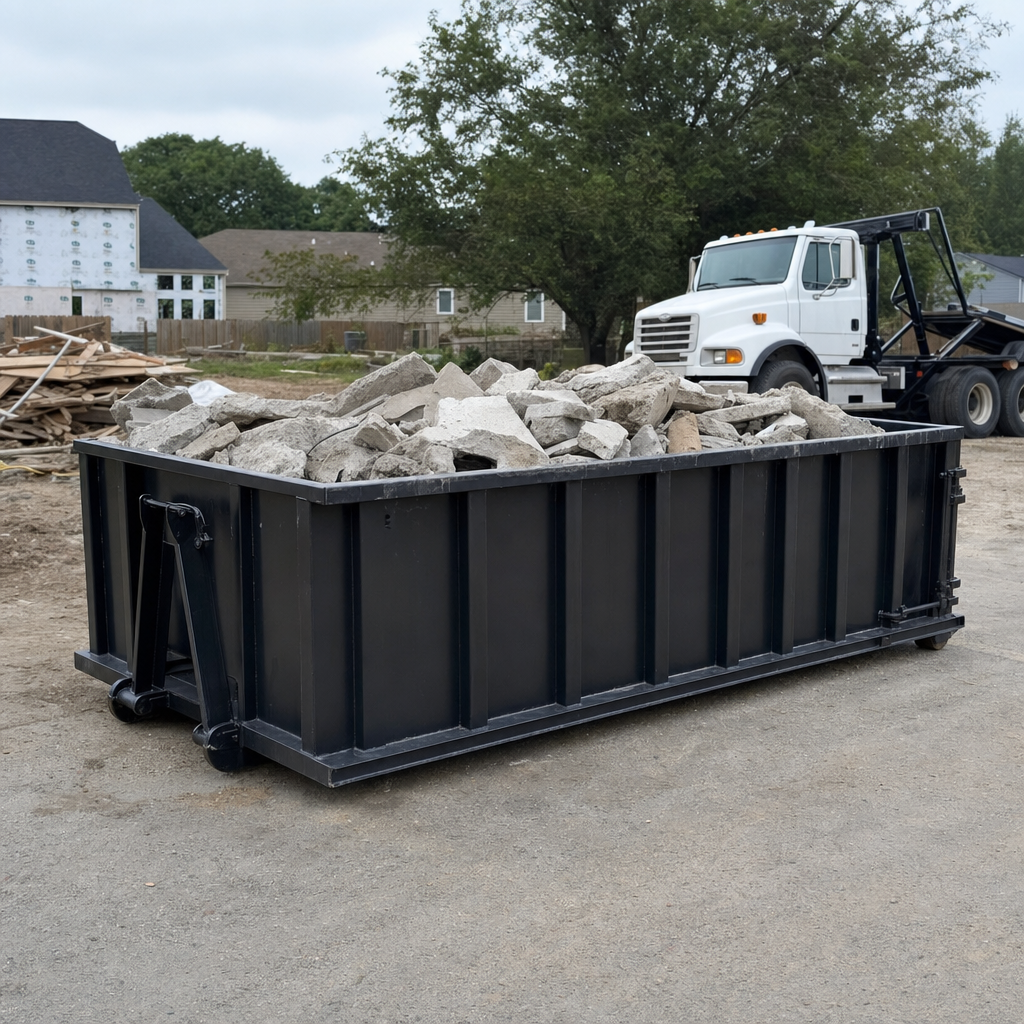 Low-profile matte-black lowboy roll-off dumpster loaded with broken concrete slab and rebar at a foundation tear-out in Paterson, skid steer parked beside it, sunny Colorado morning