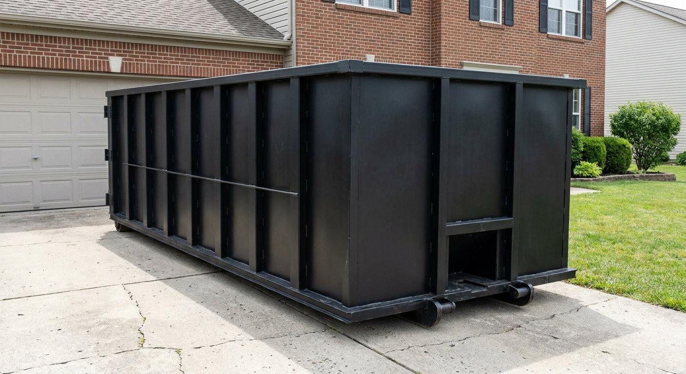 Matte-black 20-yard roll-off container on a Paterson residential concrete driveway with reinforced ribbed steel sidewalls and a hinged rear walk-in door, clean bright daylight.