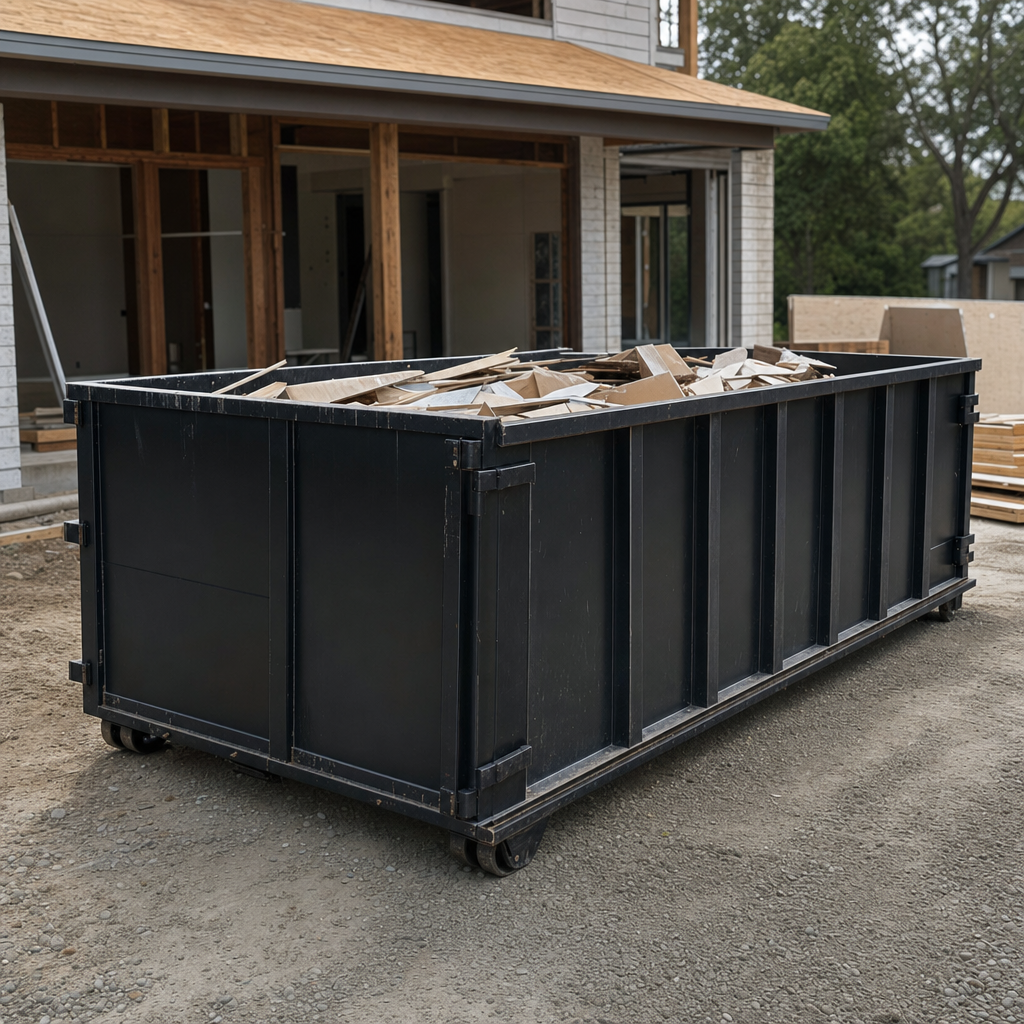 Large matte-black 30-yard construction roll-off dumpster at an active Paterson jobsite, steel-gray top rails and bottom rollers visible, loaded with construction debris.