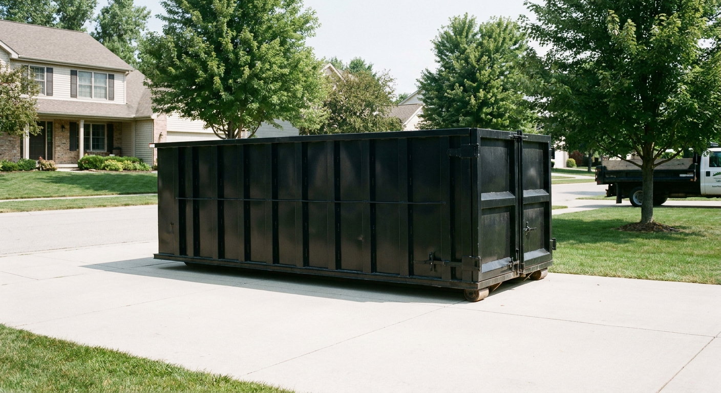 Matte-black 20-yard roll-off dumpster sitting level on a clean Paterson residential concrete driveway under bright daylight, demonstrating clean placement directly on the concrete.
