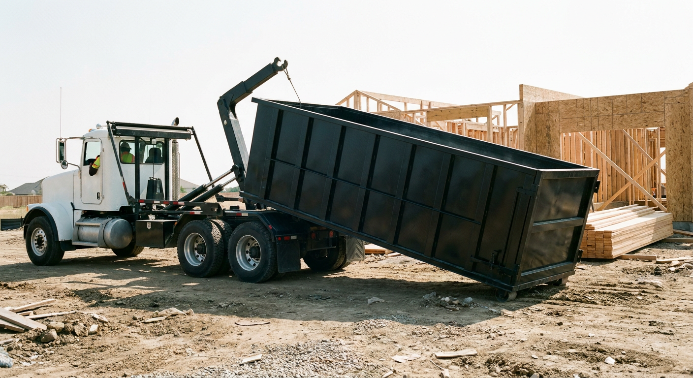 Matte-black roll-off dumpster being delivered onto a clean residential concrete driveway in Paterson by an unmarked white hooklift hauler truck, bright morning daylight, documentary 35mm perspective.