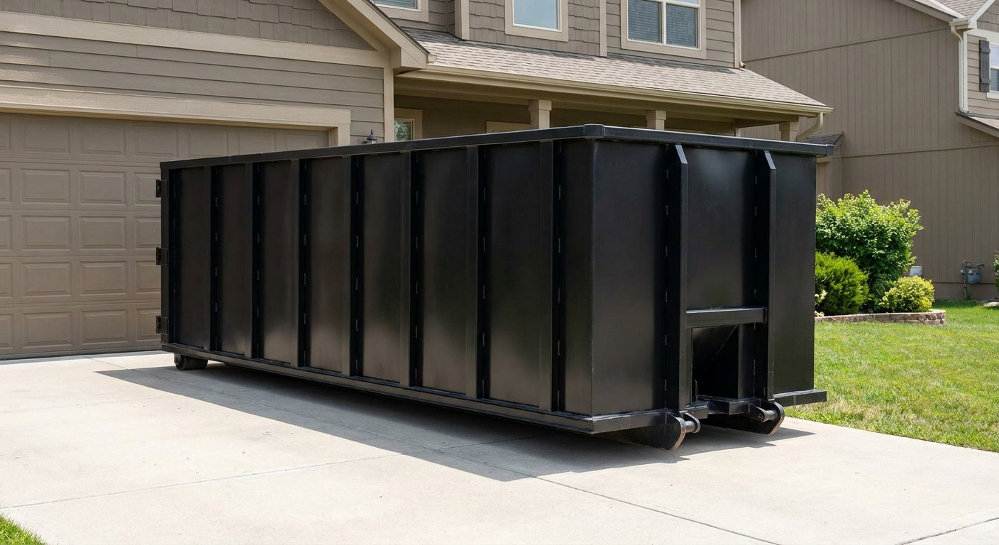 Matte-black residential roll-off dumpster sitting directly on a suburban Paterson concrete driveway, garage door closed, single-family home in background, bright morning daylight.