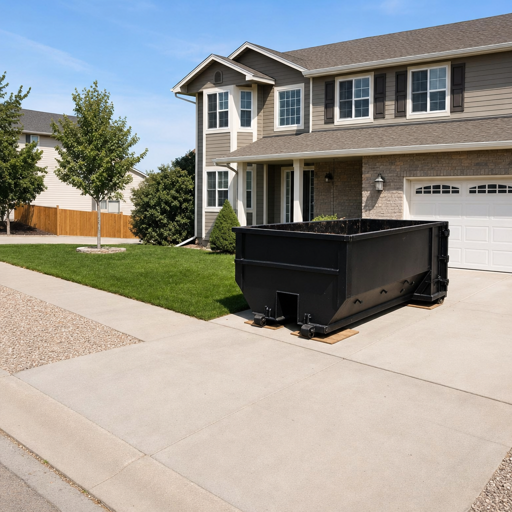 10-yard matte-black residential dumpster placed directly on a narrow Paterson concrete driveway, room remains for a parked sedan beside it, mid-morning natural light