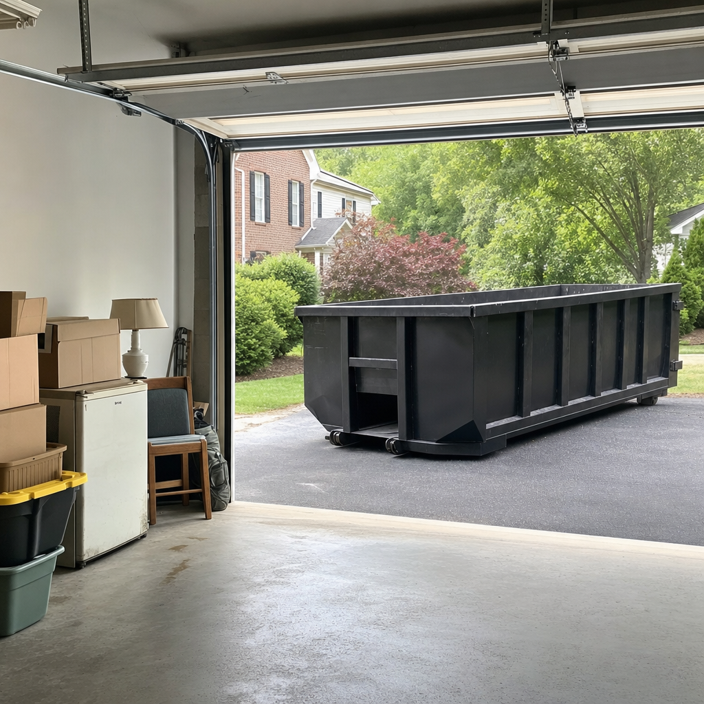 Open garage interior in a Paterson home mid-cleanout — boxed items, an old appliance, and stacked yard tools queued near the driveway for a matte-black roll-off dumpster, organized and calm