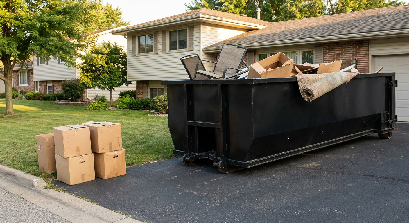 Front-yard view of a Paterson split-level home with a 20-yard matte-black roll-off dumpster sitting directly on the asphalt driveway, a few clearly labeled donation boxes staged at the curb, calm sunny afternoon.