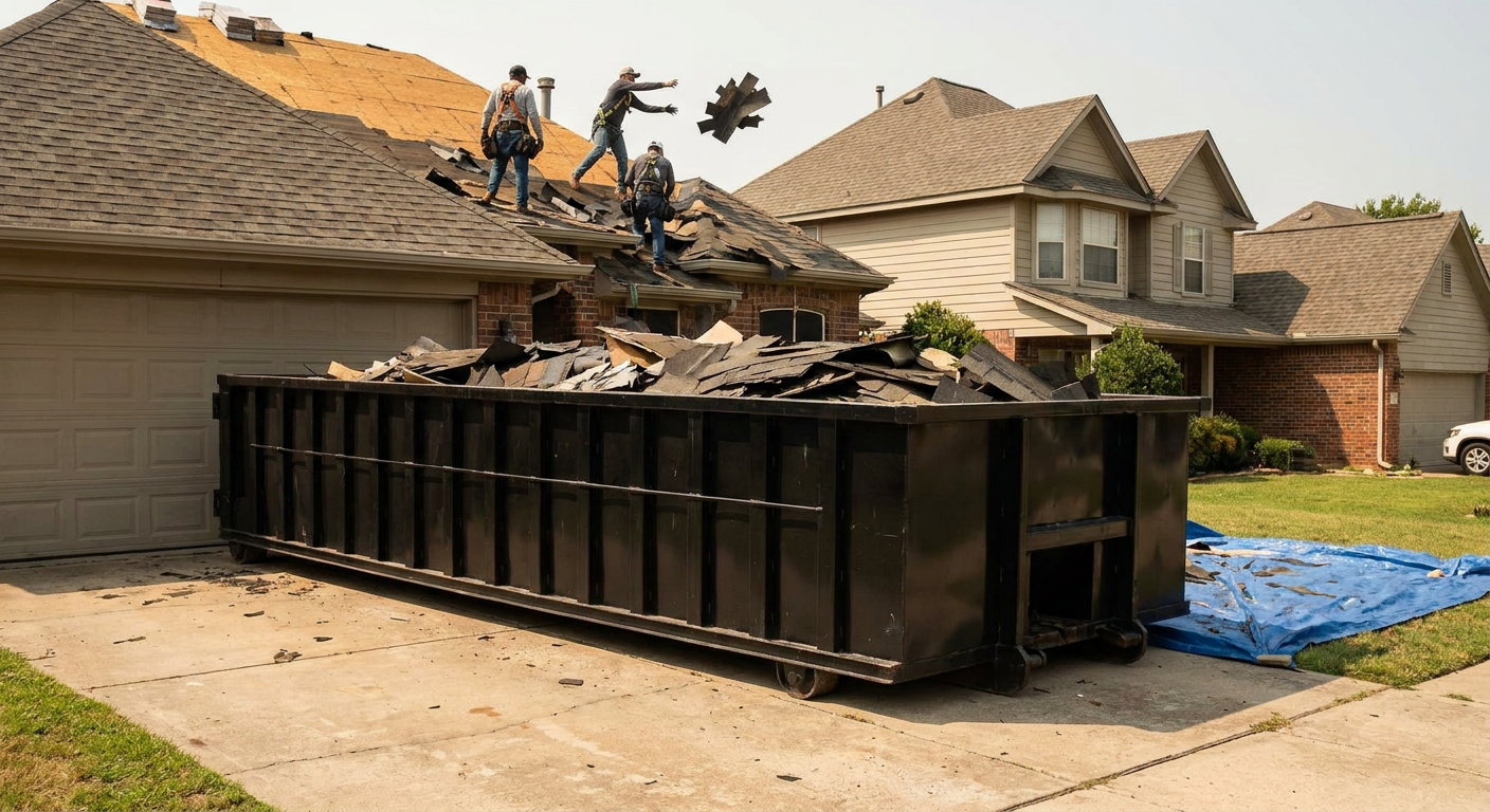Matte-black roofing roll-off dumpster placed directly on a Paterson residential concrete driveway, a tear-off crew on a two-story asphalt-shingle roof tossing shingle bundles into the low-walled container, bright daylight, documentary 35mm perspective.