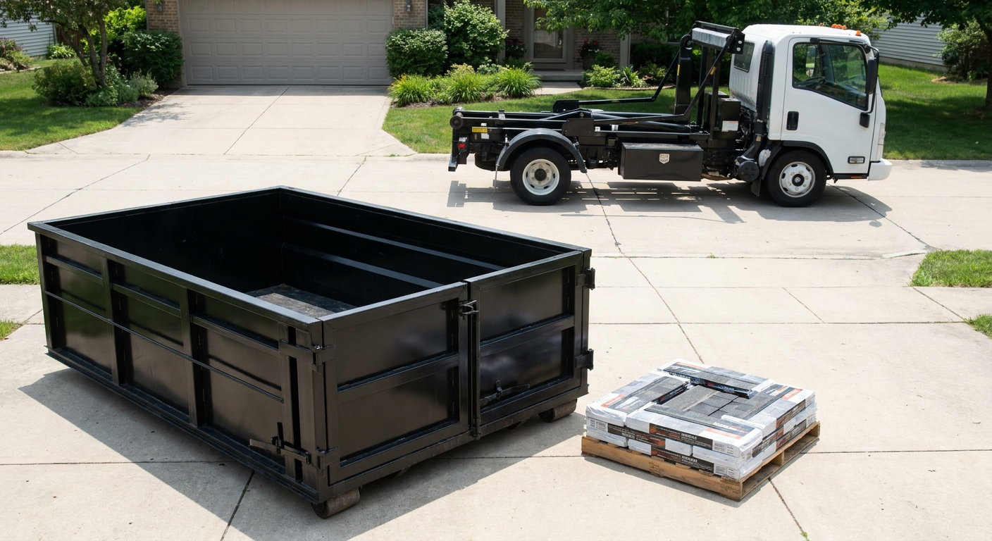 Matte-black 15-yard roofing roll-off dumpster with reinforced low side walls sitting directly on a Paterson residential concrete driveway, three-tab asphalt shingle bundles stacked nearby, an unmarked white hauler truck partially visible at the edge of the frame.