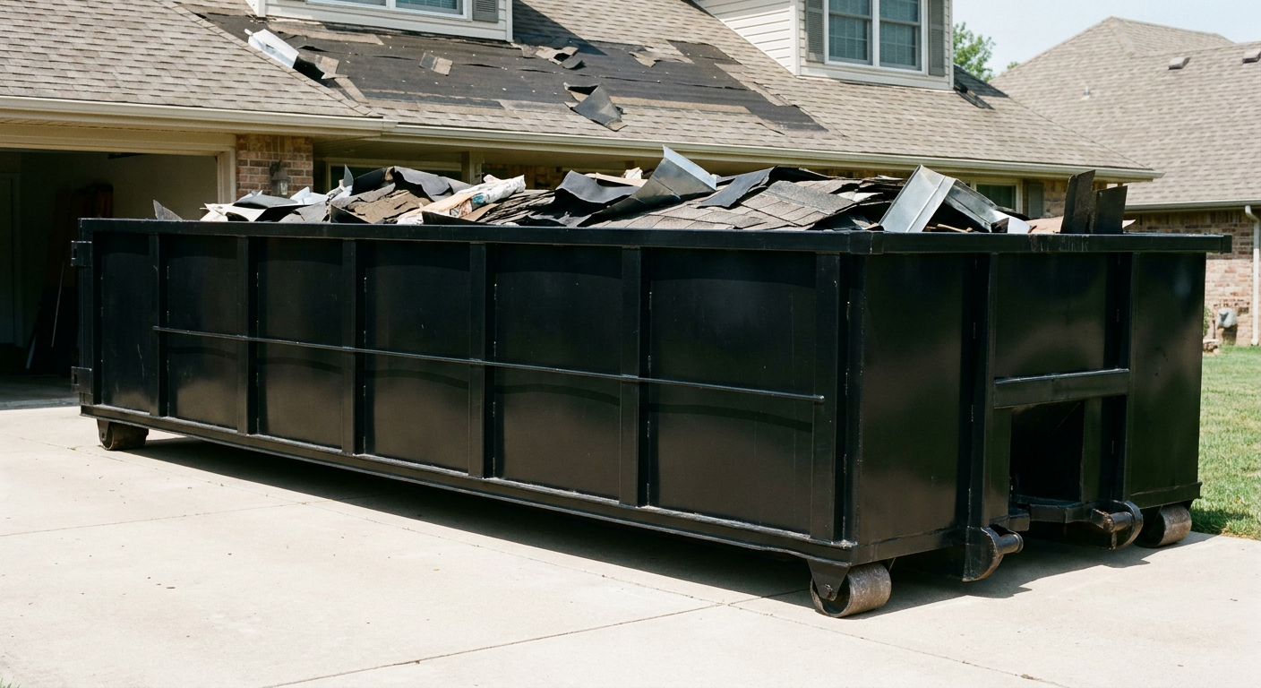 Matte-black 20-yard roofing roll-off dumpster with steel ribbed sides and swinging rear door, sitting directly on the concrete driveway of a two-story Paterson home, asphalt shingle debris being loaded over the low wall, clean documentary lighting.