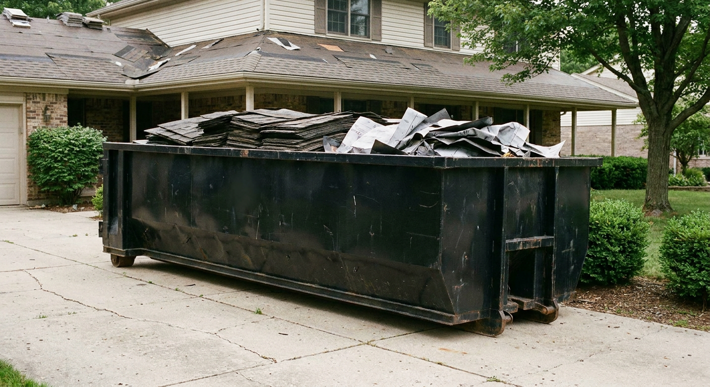 Matte-black 30-yard roofing roll-off dumpster sitting directly on a Paterson concrete driveway, taller ribbed steel side panels, mixed tear-off debris of asphalt shingles and underlayment inside, professional documentary daylight.