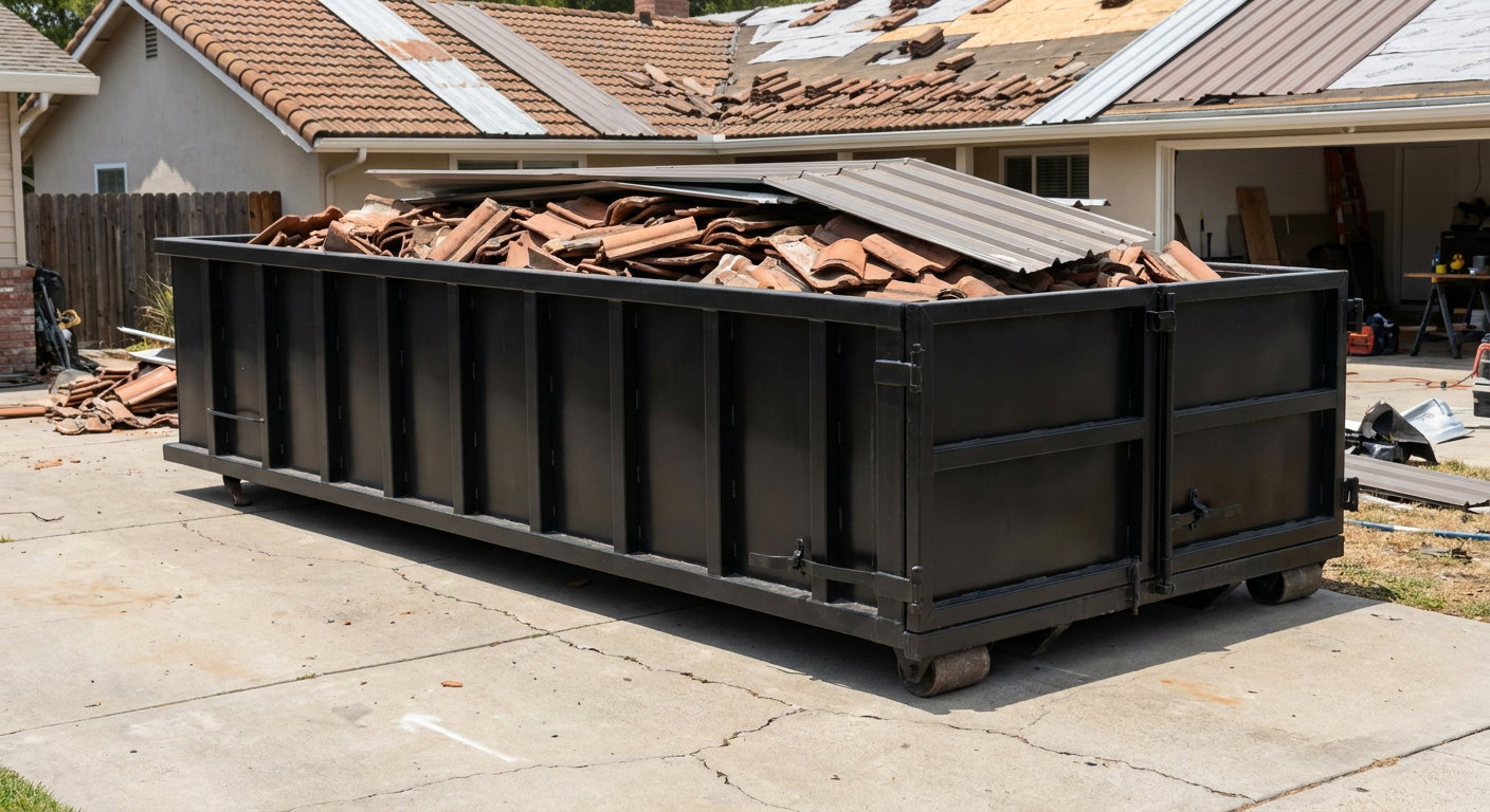 Matte-black low-wall heavy-debris roofing roll-off dumpster sitting directly on a Paterson concrete driveway, broken concrete clay roof tiles and metal panel sections loaded inside, reinforced ribbed steel side walls visible, bright outdoor daylight.