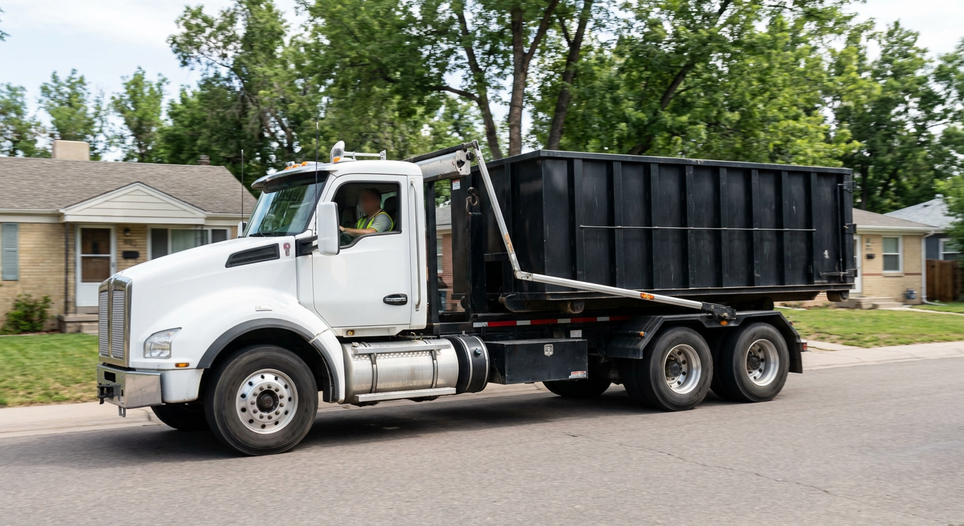 A wide documentary shot of a matte-black roll-off delivery truck pulling onto a quiet Paterson residential street at mid-morning, with neighborhood rooftops and tree-lined blocks visible behind, showing the metro coverage footprint.