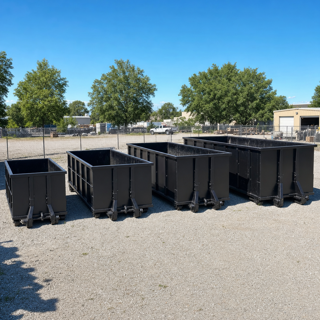 A clean lineup of matte-black roll-off dumpsters in 10, 20, 30, and 40-yard sizes staged on a sunlit gravel yard in Paterson, showing the size progression from compact to commercial-scale containers.