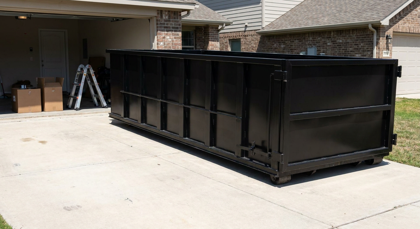 A matte-black 10-yard roll-off dumpster sitting directly on a residential Paterson concrete driveway, mid-day sunlight, clean and ready for a garage cleanout.