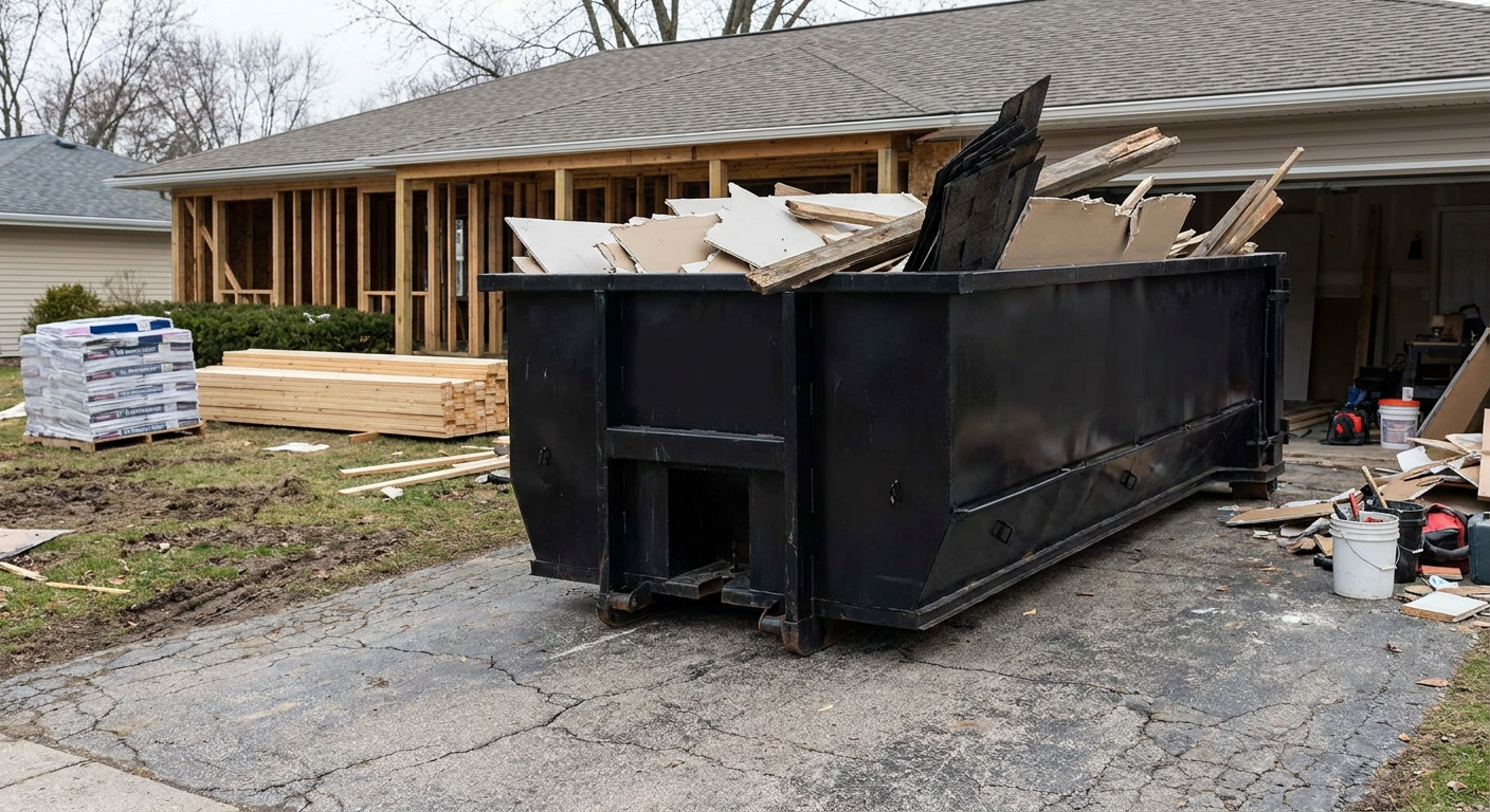 A matte-black 20-yard roll-off dumpster placed alongside a mid-renovation Paterson home directly on the asphalt driveway, with framing materials and torn-off shingles staged neatly nearby.