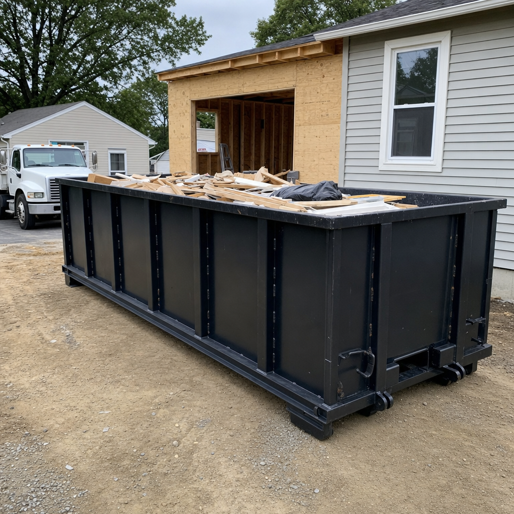 A matte-black 30-yard roll-off dumpster positioned at a Paterson residential addition jobsite, with framing lumber and drywall scraps loaded through the open swinging rear doors.