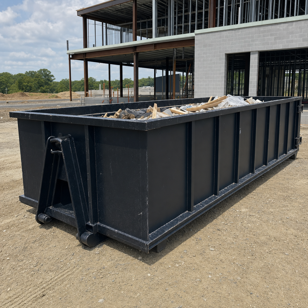A matte-black 40-yard roll-off dumpster staged on a large Paterson commercial construction lot, with a hooklift delivery truck parked alongside under bright midday sky.