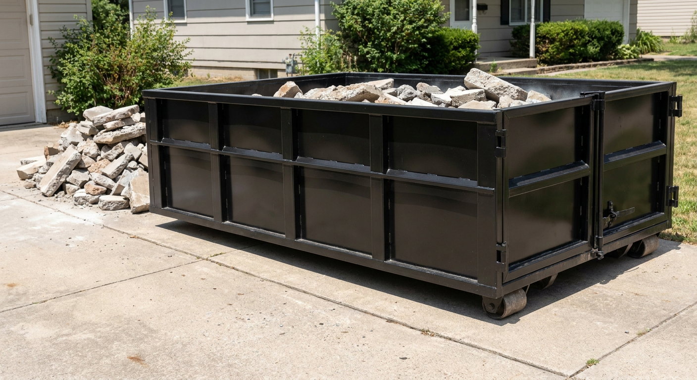 A matte-black low-side heavy-debris roll-off dumpster placed directly on a Paterson concrete driveway, with broken concrete chunks neatly stacked beside it under clean daylight.